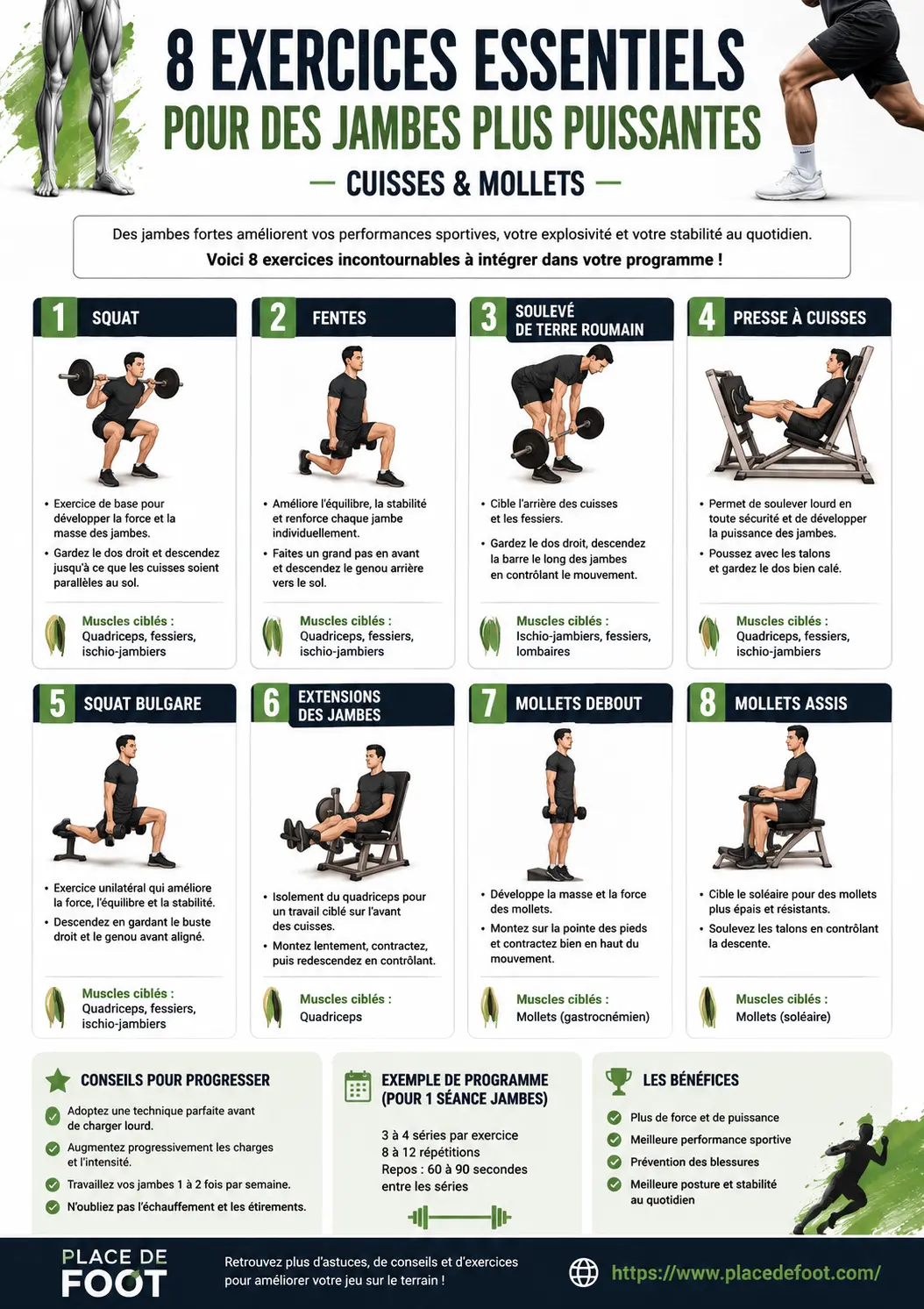 Meilleurs exercices pour les jambes - 8 mouvements essentiels pour des cuisses et mollets plus puissants - Infographie